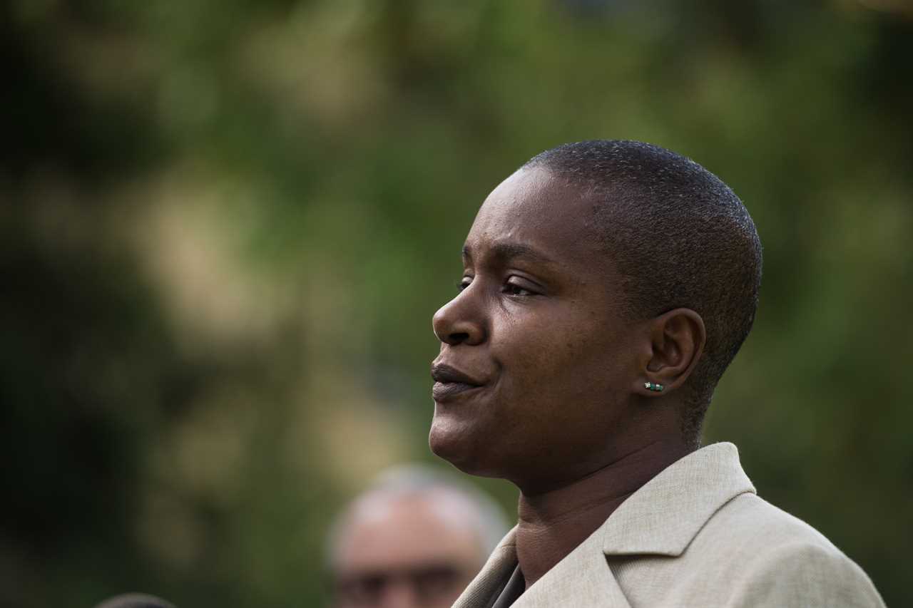 Annamie Paul speaks to the media during a press conference announcing she is officially stepping down as Green Party leader, at Suydam Park in Toronto on Monday, September 27, 2021. THE CANADIAN PRESS/ Tijana Martin