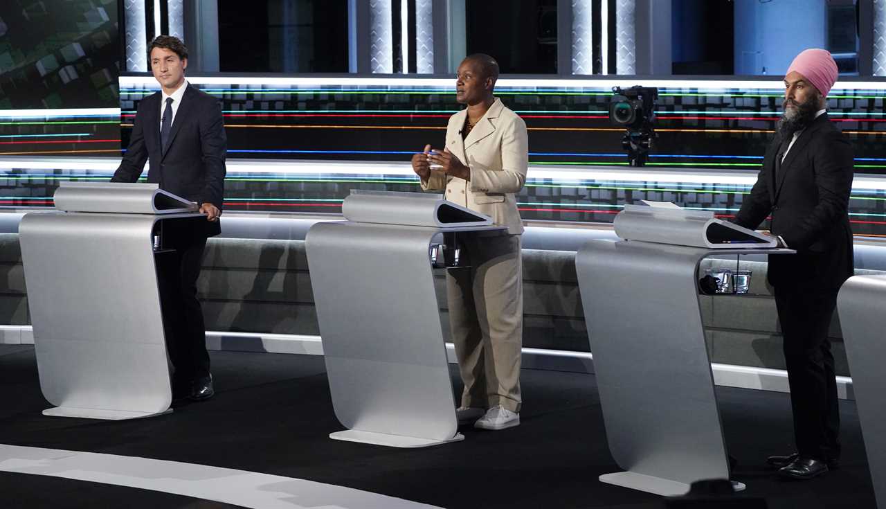 Paul, Singh and Trudeau during Wednesday's federal election French-language debate in Gatineau, Que. The leaders square off again on Thursday in English. (Sean Kilpatrick/CP)