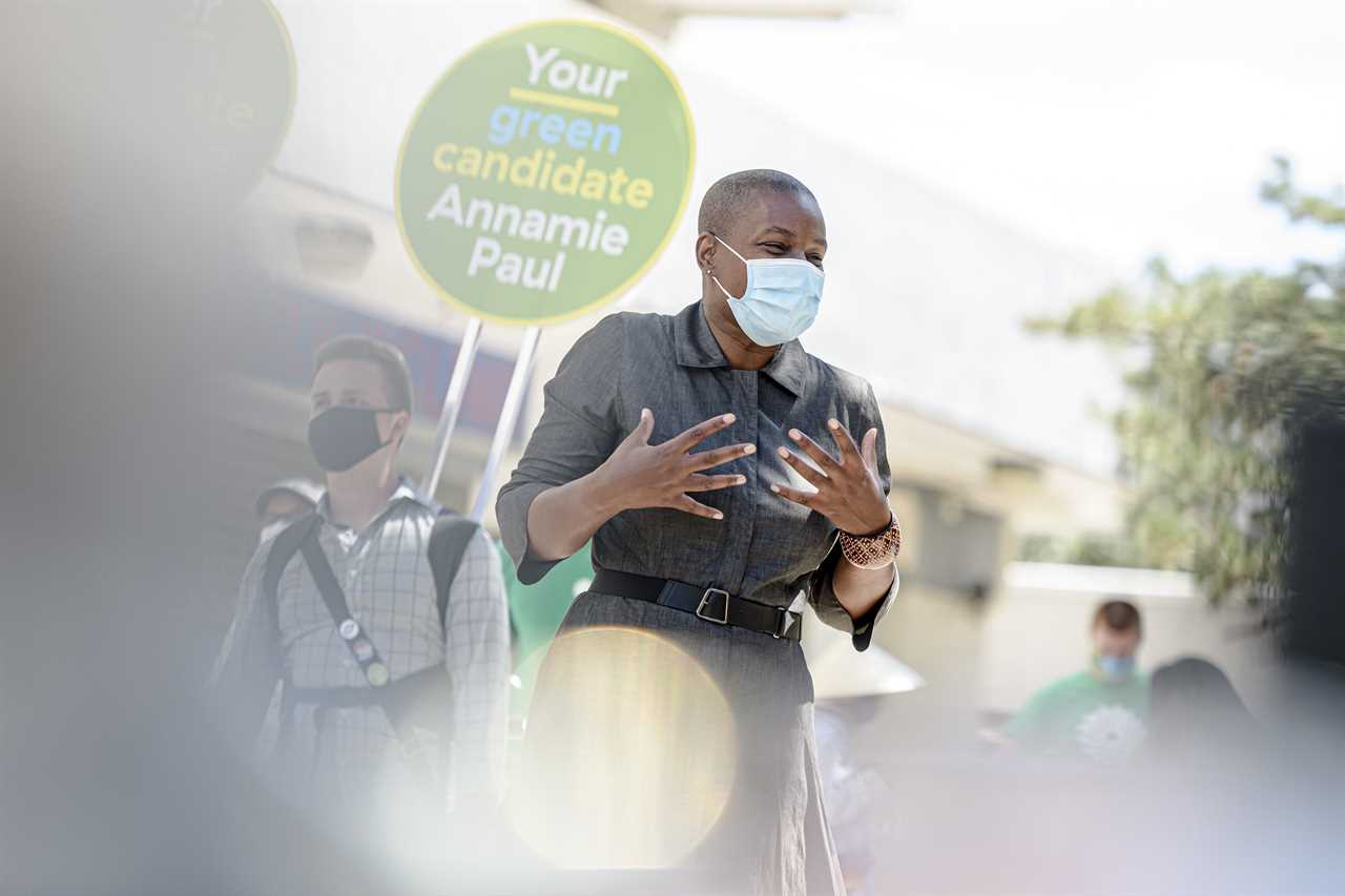 Green Party Leader Annamie Paul canvasses a neighbourhood after launching her election campaign in the riding of Toronto Centre. (Christopher Katsarov/CP)