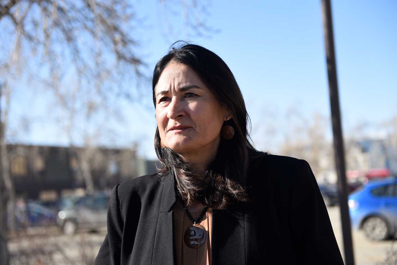 Former Liberal MLA Pauline Frost speaks to media outside the courthouse in Whitehorse on April 19, 2021. (Haley Ritchie/Yukon News)