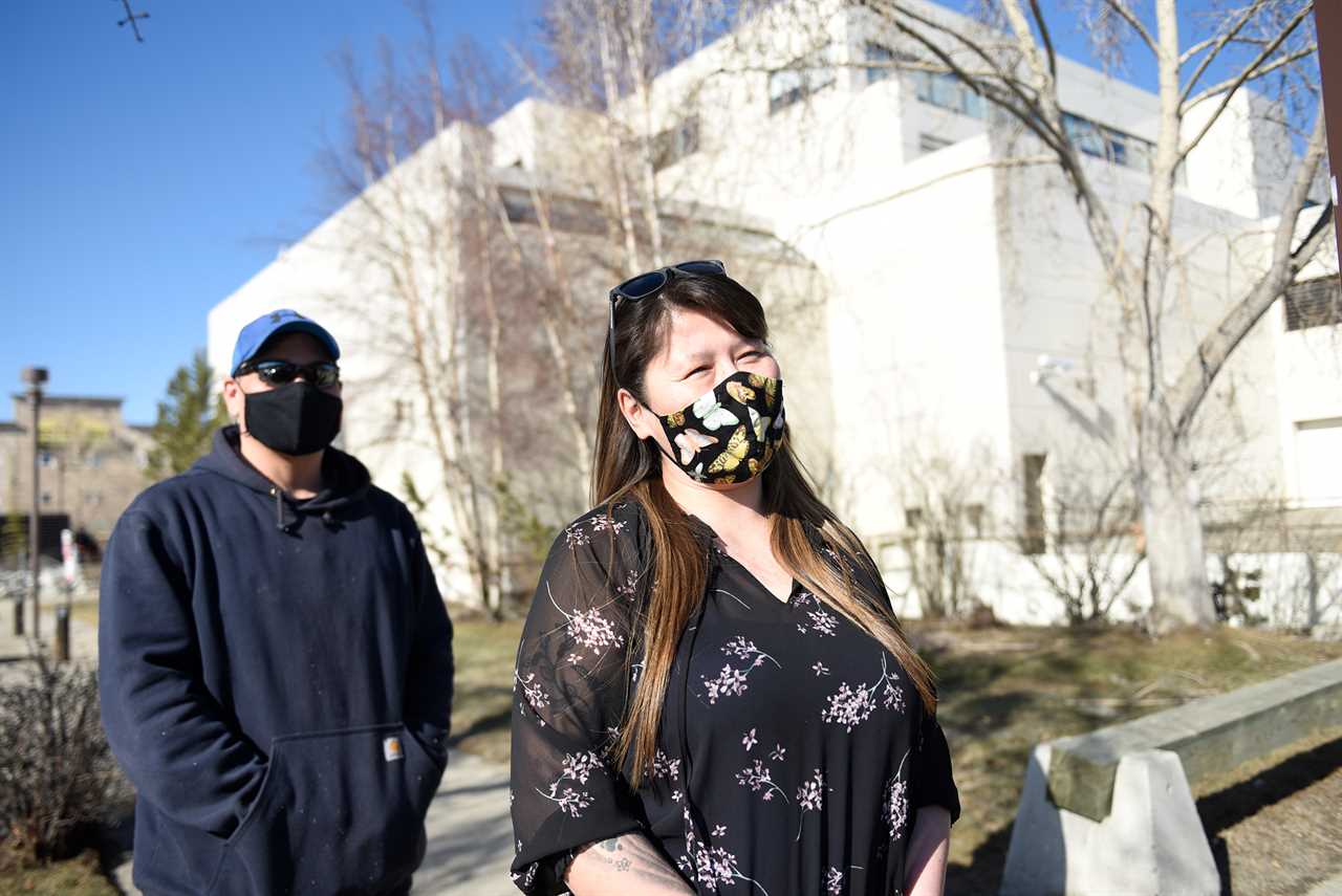 Newly elected MLA Annie Blake speaks to reporters outside the courthouse in Whitehorse on April 19, 2021. (Haley Ritchie/Yukon News)