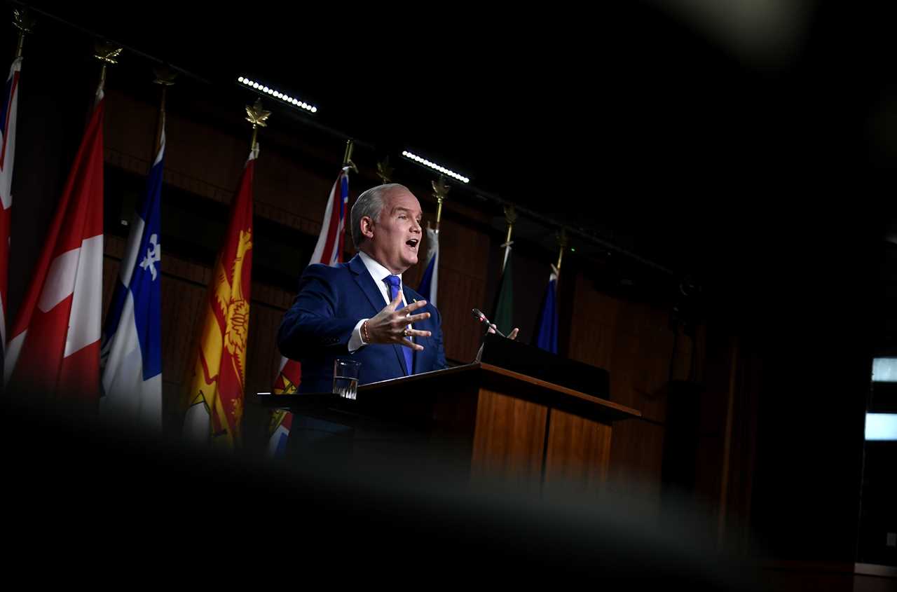 O'Toole speaks during a media availability in West Block on Parliament Hill in Ottawa, Jan. 27, 2022. (Justin Tang/The Canadian Press)