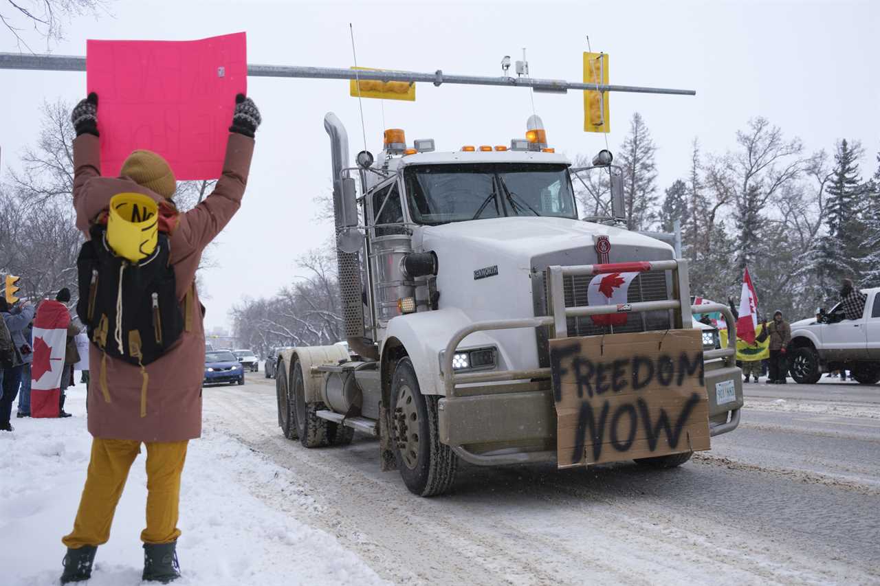 A rally opposing COVID restrictions, near the Legislative Building in Regina, on Feb. 5, 2022 (Michael Bell/CP)