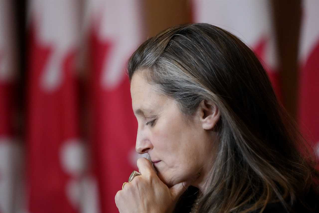 Freeland participates in a media availability to discuss Canadian sanctions on Russia, as Russia continues to invade Ukraine, in Ottawa, Mar. 1, 2022. (Justin Tang/The Canadian Press)