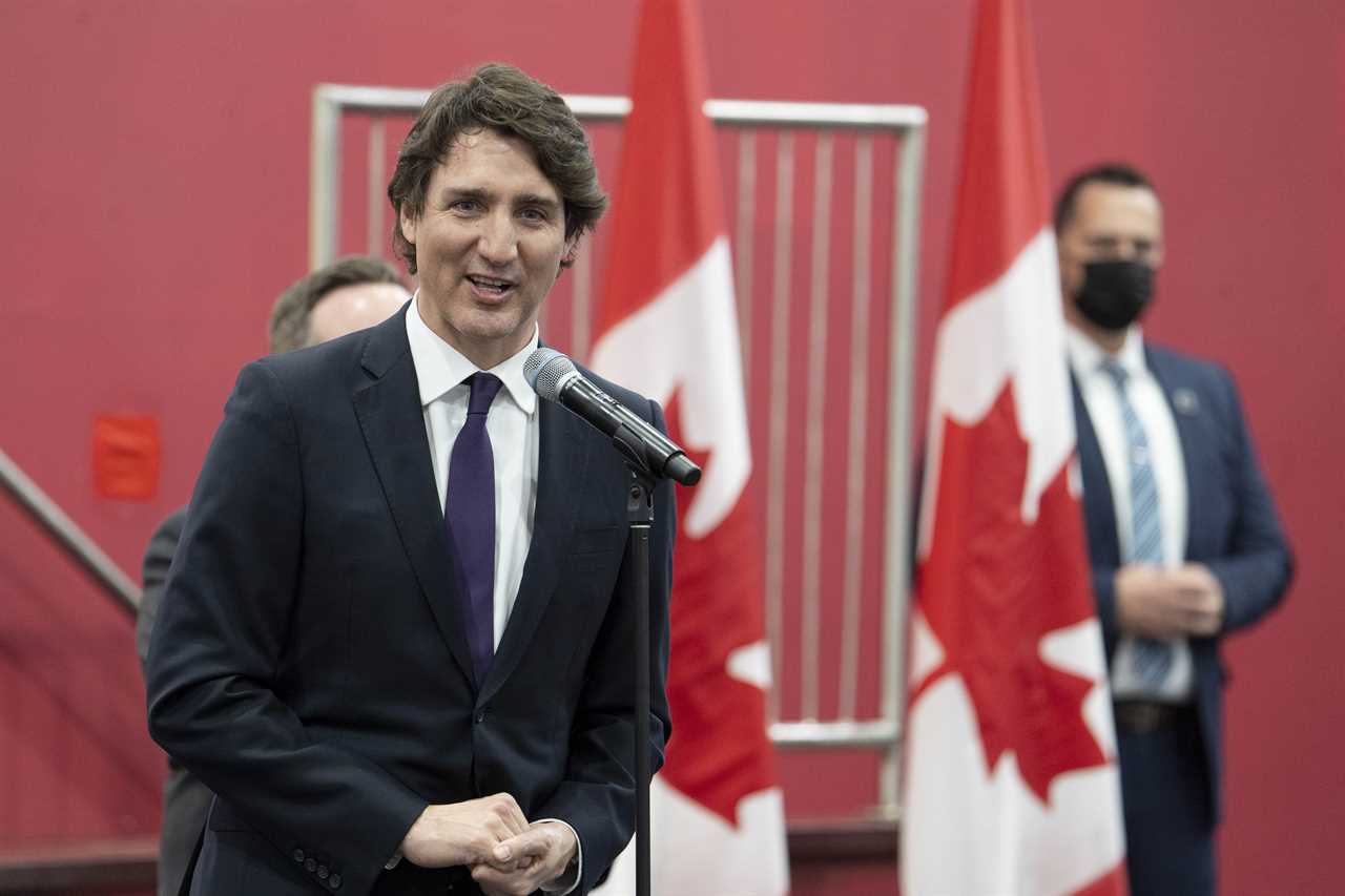 Trudeau addresses a gathering of students, parents, and staff during a visit to the International School of Cambridge in Cambridge, Ont., April 20, 2022. (Peter Power/The Canadian Press)