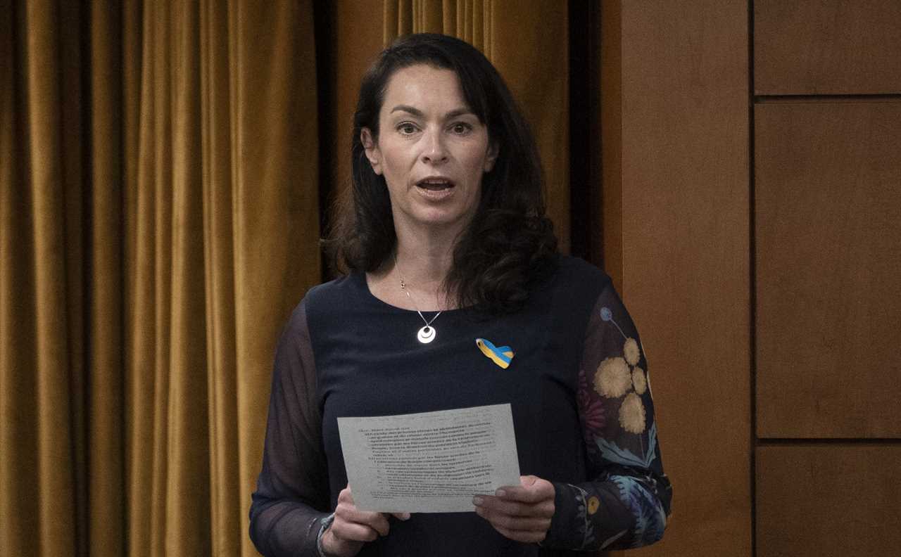 NDP MP for Edmonton Strathcona Heather McPherson rises on a point of order to move a motion on Ukraine following Question Period, April 27, 2022 in Ottawa. (Adrian Wyld/The Canadian Press)