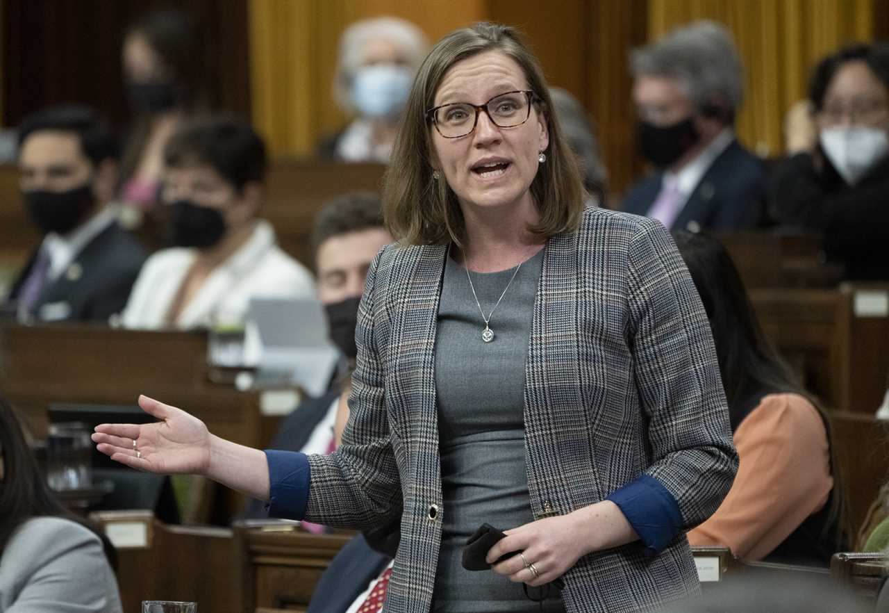 Families, Children and Social Development Minister Karina Gould rises during Question Period, March 30, 2022 in Ottawa. (Adrian Wyld/The Canadian Press)