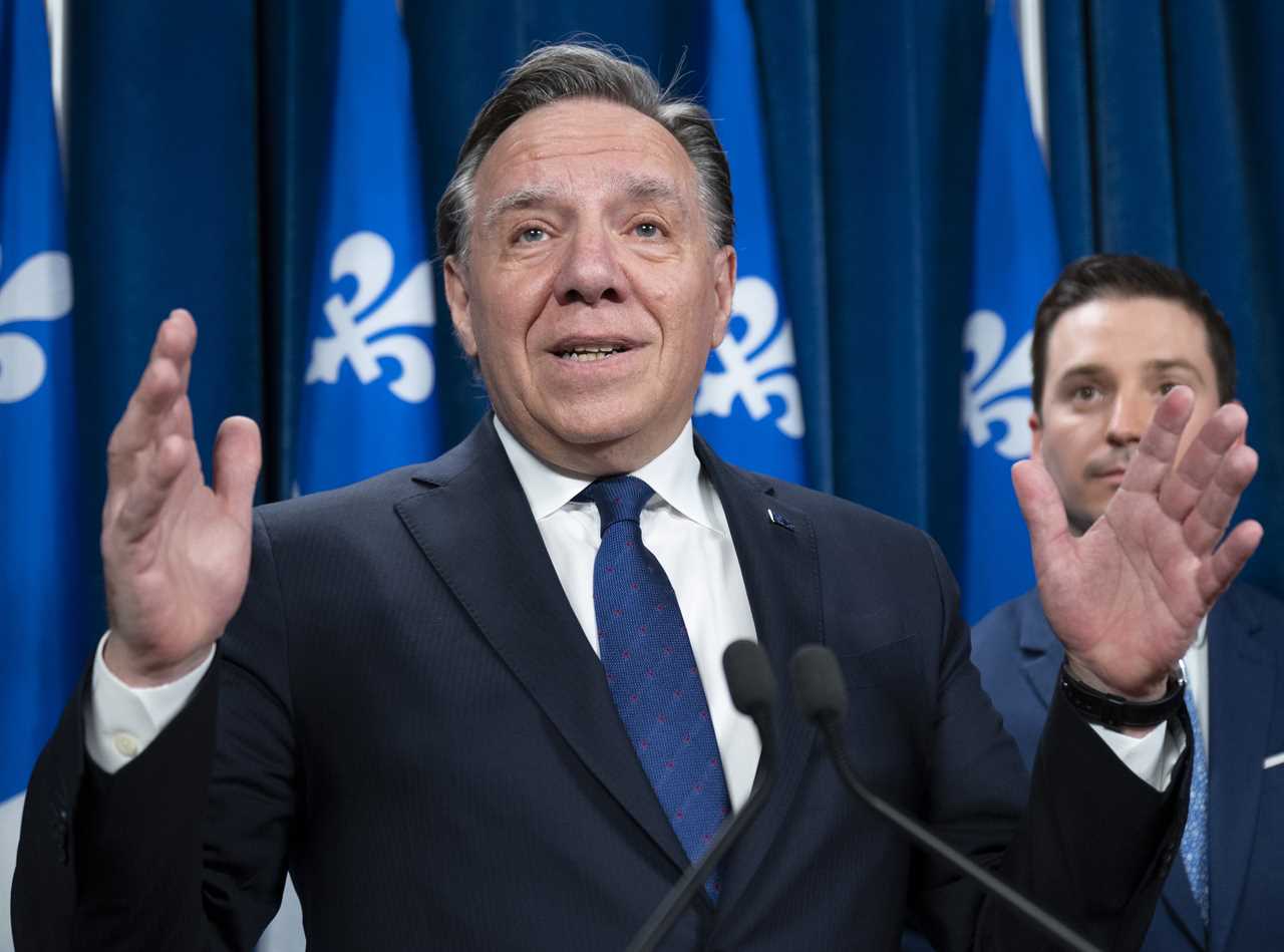 Quebec Premier Francois Legault responds to reporters questions after Bill 96, a legislation modifying Quebec's language law, was voted, Tuesday, May 24, 2022 at the legislature in Quebec City. (Jacques Boissinot/The Canadian Press)