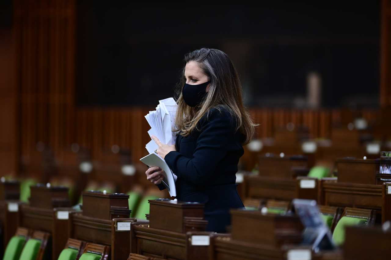 Freeland arrives to deliver the federal budget in the House of Commons on April 19, 2021 (CP/Sean Kilpatrick)