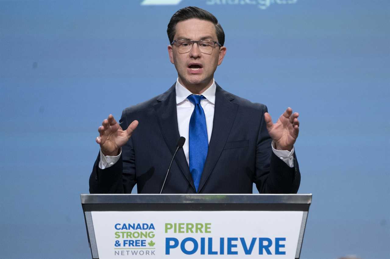 Poilievre delivers remarks during a debate at the Canada Strong and Free Network conference, in Ottawa, May 5, 2022. (Adrian Wyld/The Canadian Press)