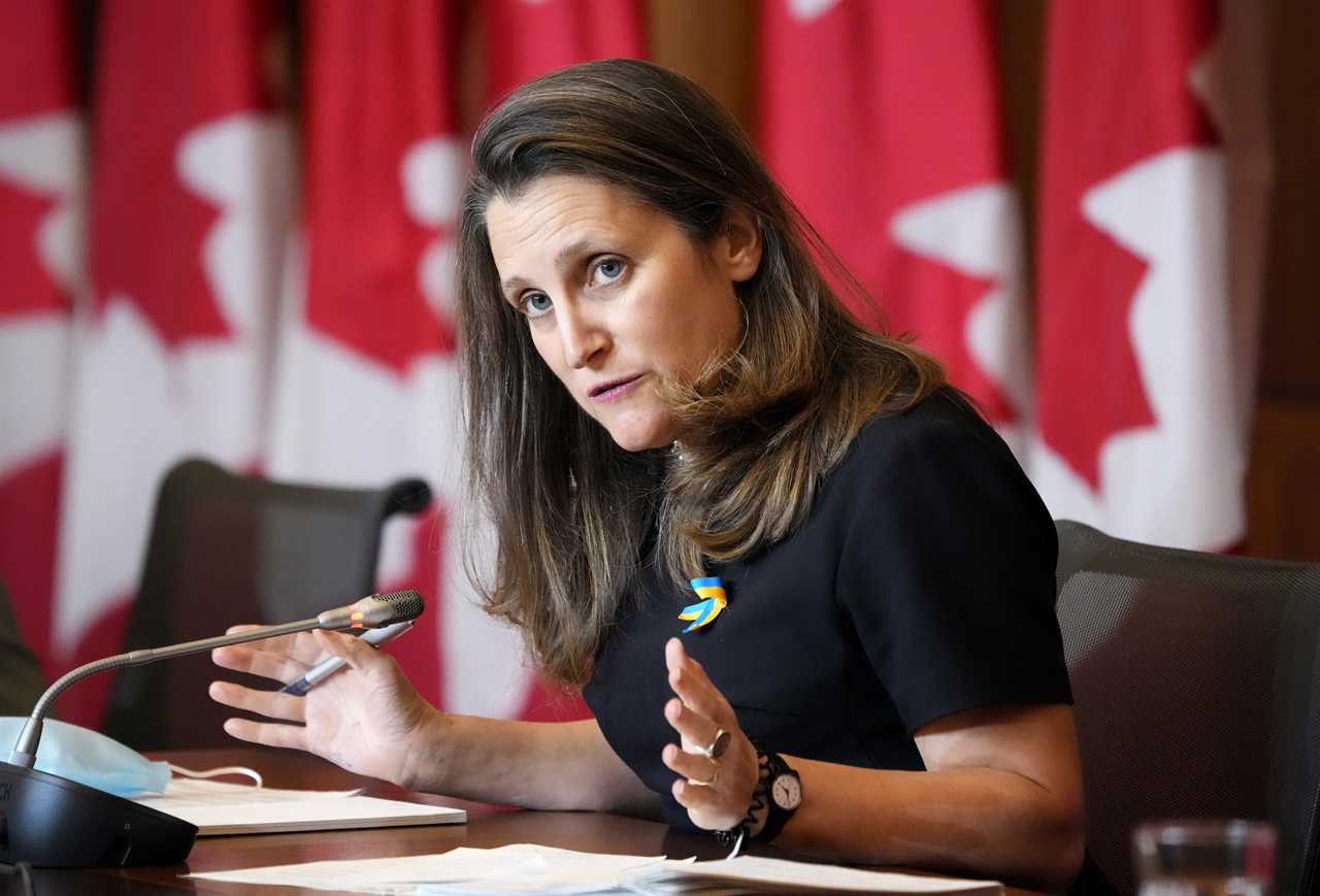 Minister of Finance Chrystia Freeland participates in a media availability to discuss Canadian sanctions on Russia, in Ottawa, March 1, 2022. (Justin Tang/The Canadian Press)